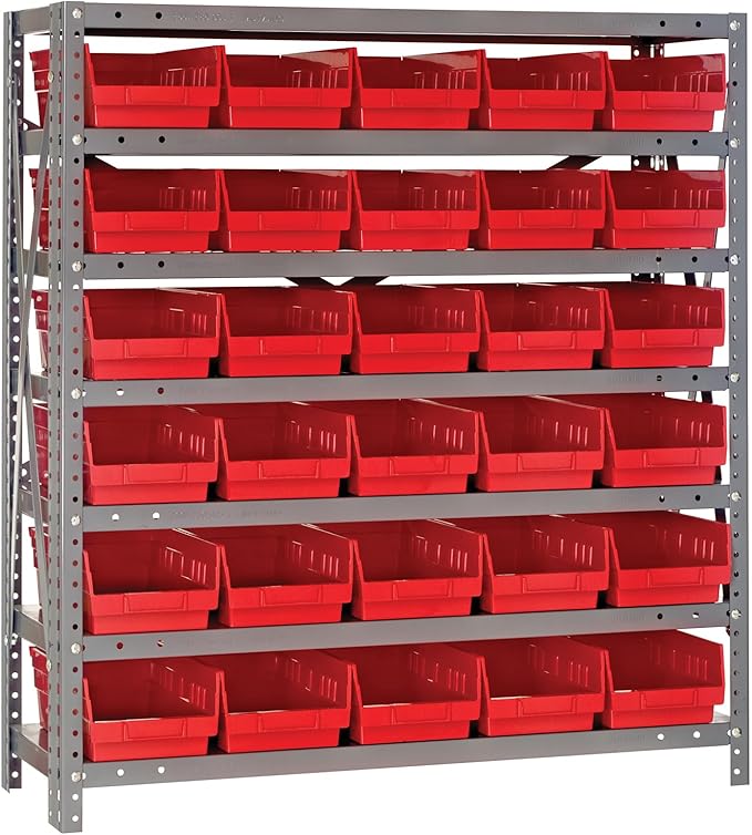 Quantum Storage Systems 1239-102RD Steel Shelving Unit with 4' Shelf Bins, 12' D x 36' W x 39' H, Red