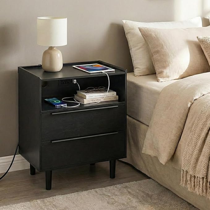 Set of 2 Modern Black Nightstands with Hidden Charging Station, USB Ports, Cable Hole, Tray Top & 2 Drawers – 24" Bedside Tables for Bedroom, Apartment