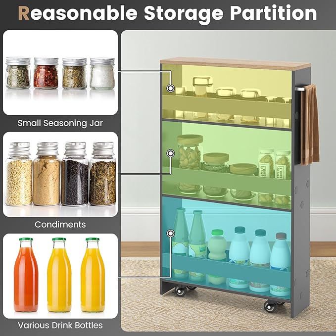 MAT EXPERT Slim Rolling Storage Cart, 4-Tier Freestanding Slim Storage Cart with Wheels 360 Degree & Metal Handle, Wooden Utility Cart for Narrow Kitchen, Laundry Room, Bathroom (Grey + Natural)