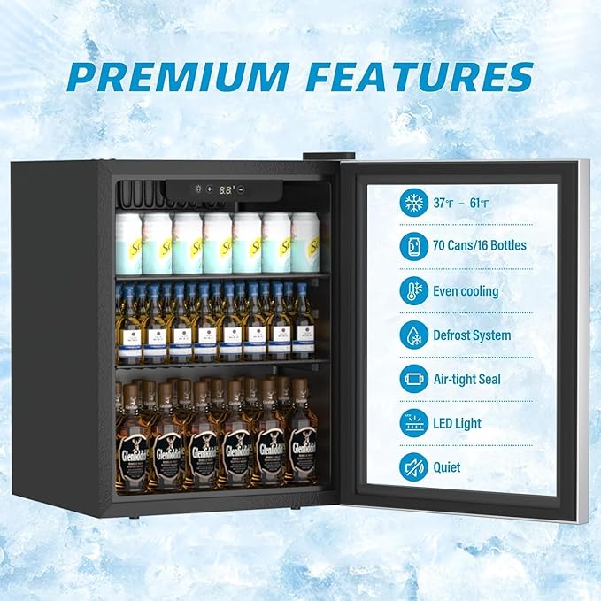 70 Can Freestanding Beverage Refrigerator, 1.7 Cu.Ft Mini Fridge with Glass Front Door and Digital Display, Small Refrigerator with Adjustable Shelves for Soda, Beer or Wine
