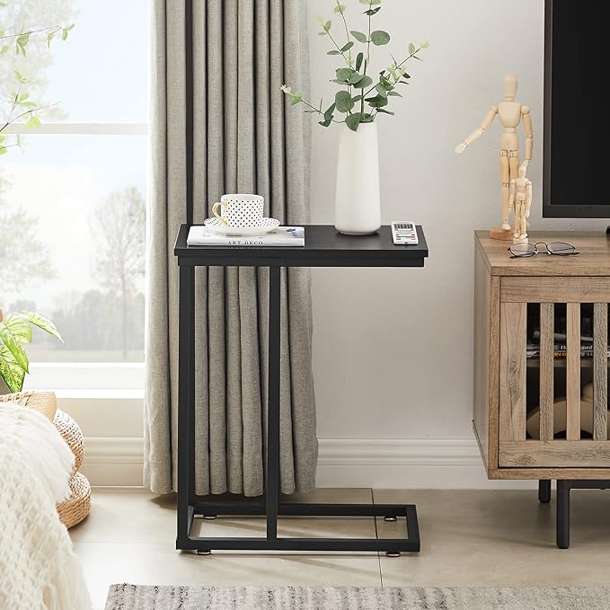VECELO C Shaped End Side Table for Sofa Couch and Bed Snack TV Tray for Living Room Bedroom, 2 PCS,Black