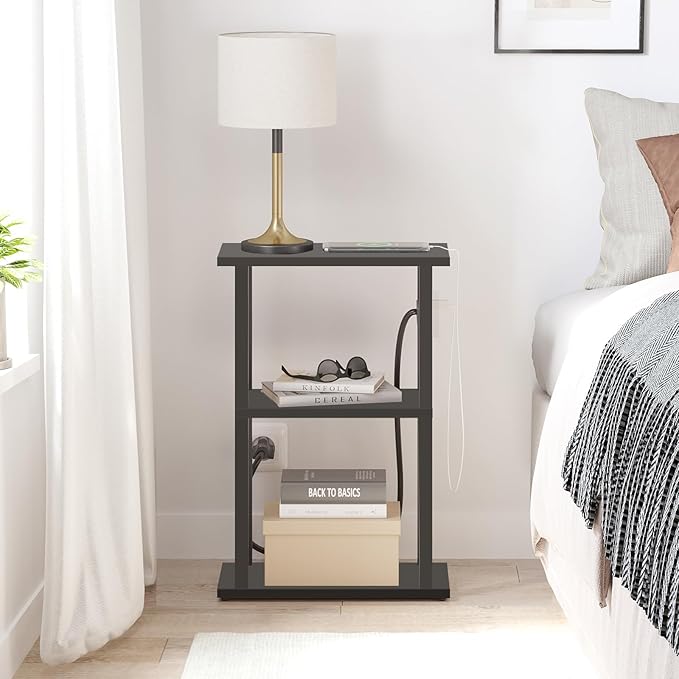 TUTOTAK Small Narrow Side Table with Charging Station, Skinny End Table for Small Spaces, Slim Nightstand with USB Ports and Outlet, Sofa Beside Table with Wheels, Black TB01BK046