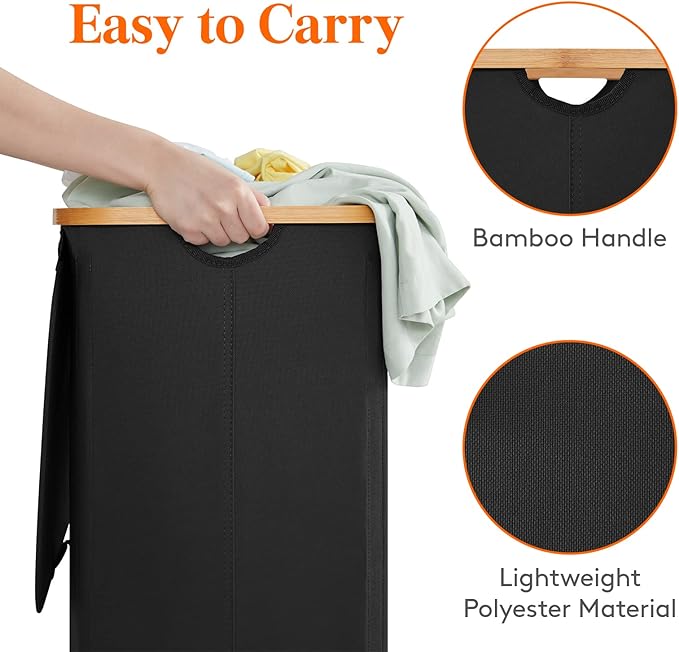 Lifewit 100L Laundry Basket with Lid, Clothes Hampers for Laundry with Bamboo Handles and A Removable Bag, Large Foldable Laundry Hamper for Bedroom, Bathroom, Dorm, Laundry Room, Black