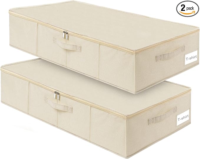 punemi Underbed Storage, 2 Pack Clothing Storage Bags W/Upgraded Handles, Large Capacity Underbed Shoe Container Organizer, Dorm Essentials Bins for Blanket, Pillows, Comforters & Quilts, Beige