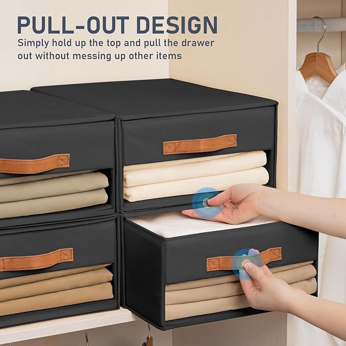 DIMJ Closet Organizers and Storage - Foldable Storage Bins with Drawers Fabric Stackable Storage Drawers with Clear Window,Fabric Clothes Organizers and Storage Drawers for Closet, 6-Pack, Black