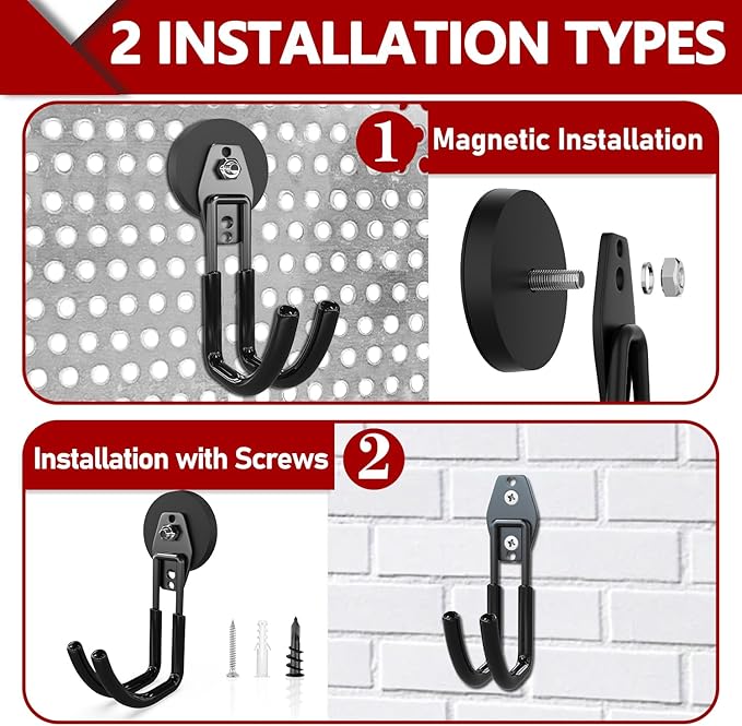 3-H Heavy Duty Magnet Garage Hooks 2 Pack, J Shape Strong Magnetic Hooks for Hanging Cordless Power Drill, Utility Magnetic Tool Holder for Metal Cabinet, Steel Pegboard, Toolbox, Garage(Black)