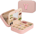 TopPerfekt Travel Jewelry Case, Jewelry Box with Mirror, Jewelry Organizer Bridal Shower Gifts to Her, Earring Storage Travel Case, Trendy Gift for Women and Girls, Girlfriend-Letter V, Pink
