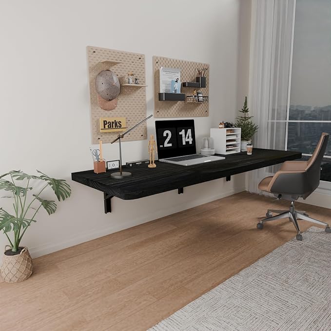 IAE Wall Mounted Folding Table with Pine Wood,48" x 16" Floating Wall Desk,Laundry Folding Table with Shelf Brackets,Fold Down Desk Shelf,Folding Workbench for Home,Dining,Laundry Room,Kitchen