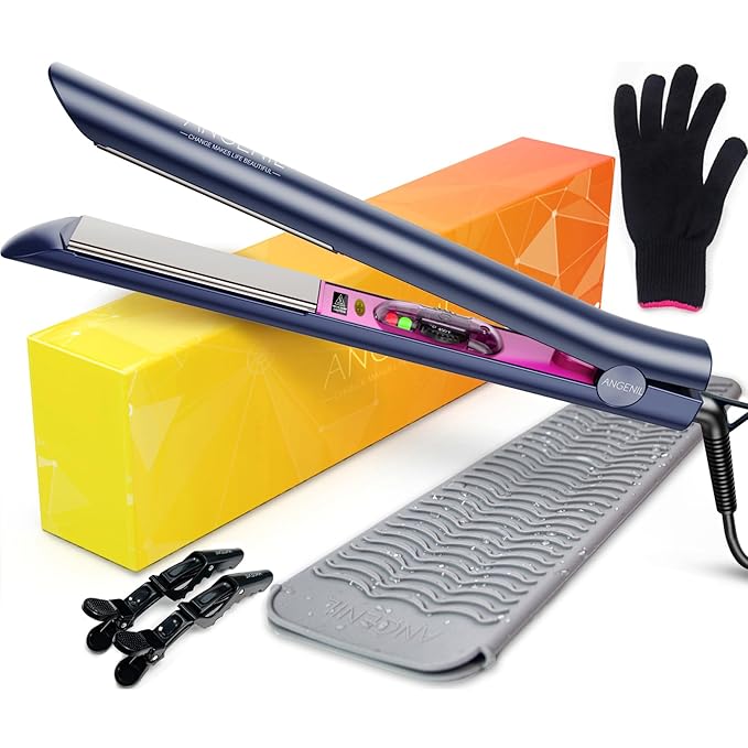 ANGENIL Professional Titanium Flat Iron 1 inch, Hair Straightener and Curler 2 in 1 with Adjustable Temp for All Hair Types, Anti-Static, Dual Voltage Travel Size with Silicone Resistant Mat Pouch