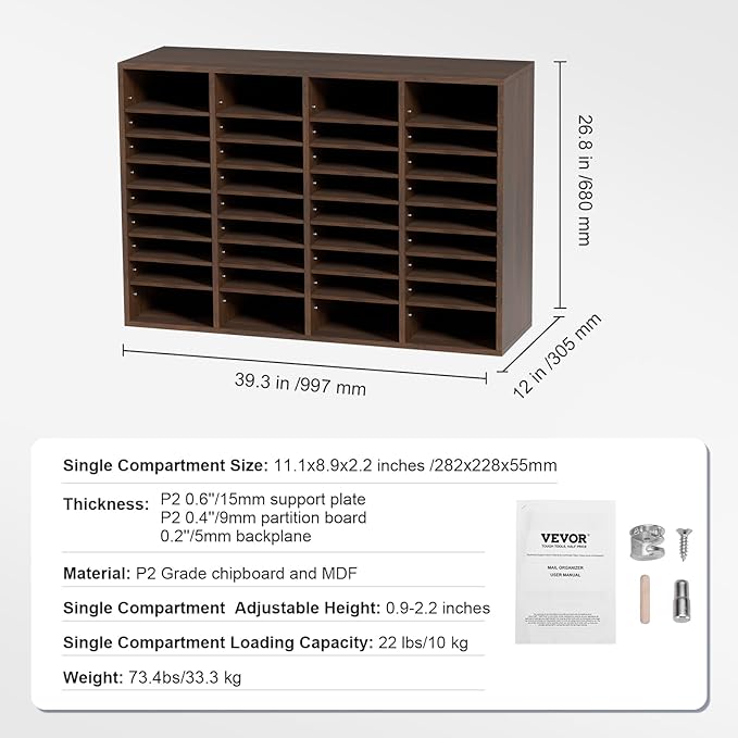 VEVOR Literature Organizer, 36 Compartments Office Mailbox with Adjustable Shelves, Wooden Mailbox Sorter Medium Density Fiberboard Office Home Classroom Storage for Files, Documents, Papers, Grey