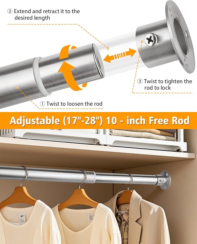 Closet Rods for Hanging Clothes, 17-76 Inch Heavy Duty and Stepless Adjustable Closet Poles, Stainless Steel Closet Hanging Rod for Closet, Wardrobes, Laundry Room, Bathroom, RV (Silver)