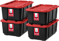 IRIS USA 27 Gallon Heavy Duty Truck Bed Toolbox Storage Tote Bins with Lids, 4 Pack - Made in USA, Tough Snap On Lockable Lid Stackable Industrial Tubs, Garage Organization Reusable Box - Red