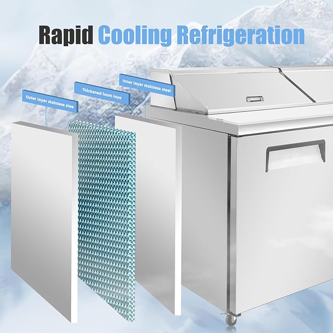 60" W Commercial Refrigerator Sandwich Salad Prep Table, Stainless Steel 2-Door Sandwich Prep Table Refrigerator, Counter Fan Cooling Refrigerator with 16 Pans for Restaurant, Bar