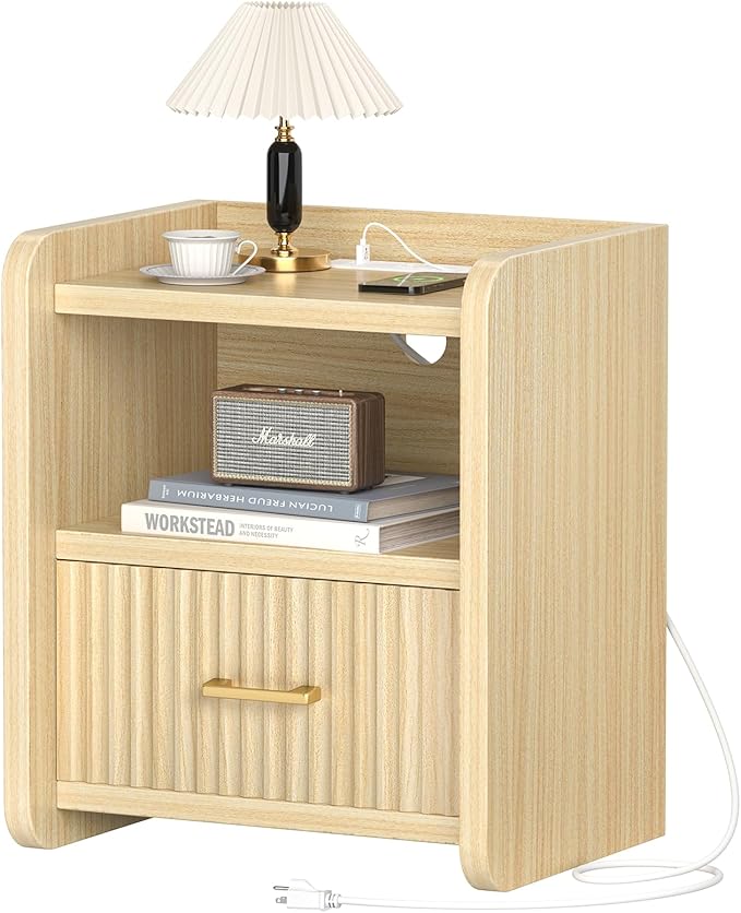 Night Stand with Charger Station, Fluted Wood Nightstand with Drawer Storage, Modern Bedside Table, Wide Nightstands for Bedroom, Mid Century Wooden Night Stands for Home Office Sofa Couch