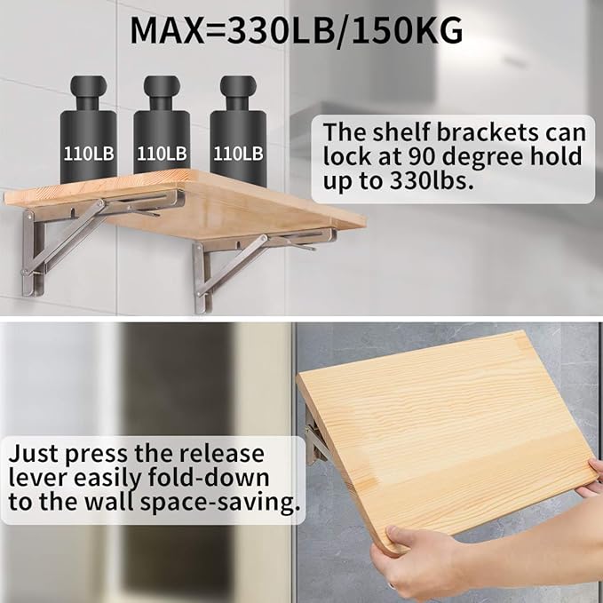 YUMORE Folding Shelf Brackets 16 Inch, Max Load: 330lb Heavy Duty Stainless Steel Collapsible Shelf Bracket for Table Work Bench, Space Saving DIY Bracket, Pack of 2