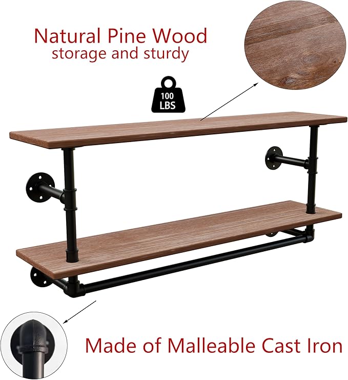 Clothes Rack 42in, 2 Tier Wall Mounted Garment Rack with Real Wood Shelf, Heavy Duty Hanging Clothes Rack, Multi-Purpose Hanging Rod, Space-Saving Closet Storage