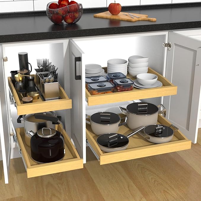 Wooden Pull out Cabinet Organizer 20" W x 21" D x 3.35" H, Heavy Duty Slide Out Drawers Pull-Out Home Organizers for Kitchen Cabinets