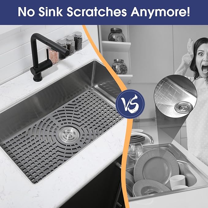 Silicone Sink Protector 28"x15" Center Drain Hole, Heat Resistant Non-slip Dishwasher Suitable, Large Mat for Bottom of Farmhouse Kitchen Stainless Steel Sink(Grey)
