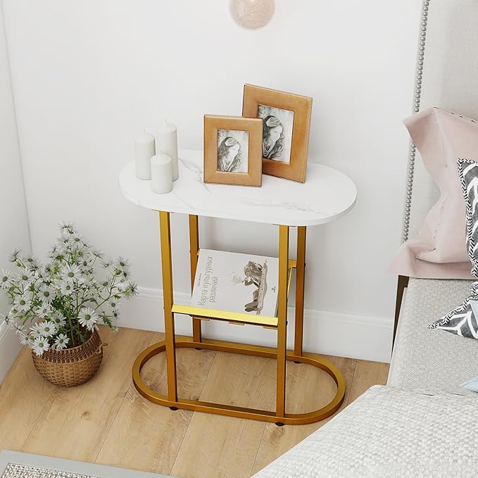 Tangkula Oval Narrow Side Table, 2-Tier End Table w/Mesh Magazine Rack, Steel Frame, Industrial Nightstand, Compact Sofa Bedside Table for Living Room Bedroom, White & Gold
