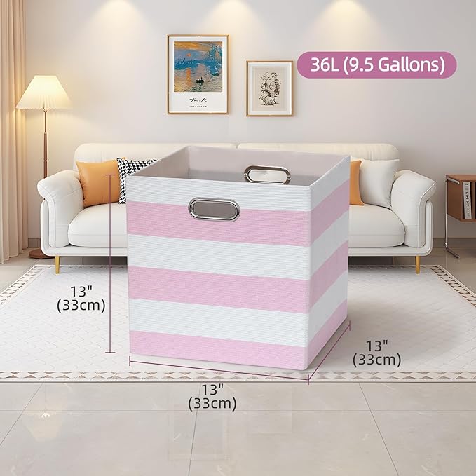 13x13x13 Storage Cube Bins, Foldable Storage Cubes Cubby Baskets Organizer Cloth Bins for Cube Storage Organizing Shelf Closet, Pack of 4, Pink/White Stripe