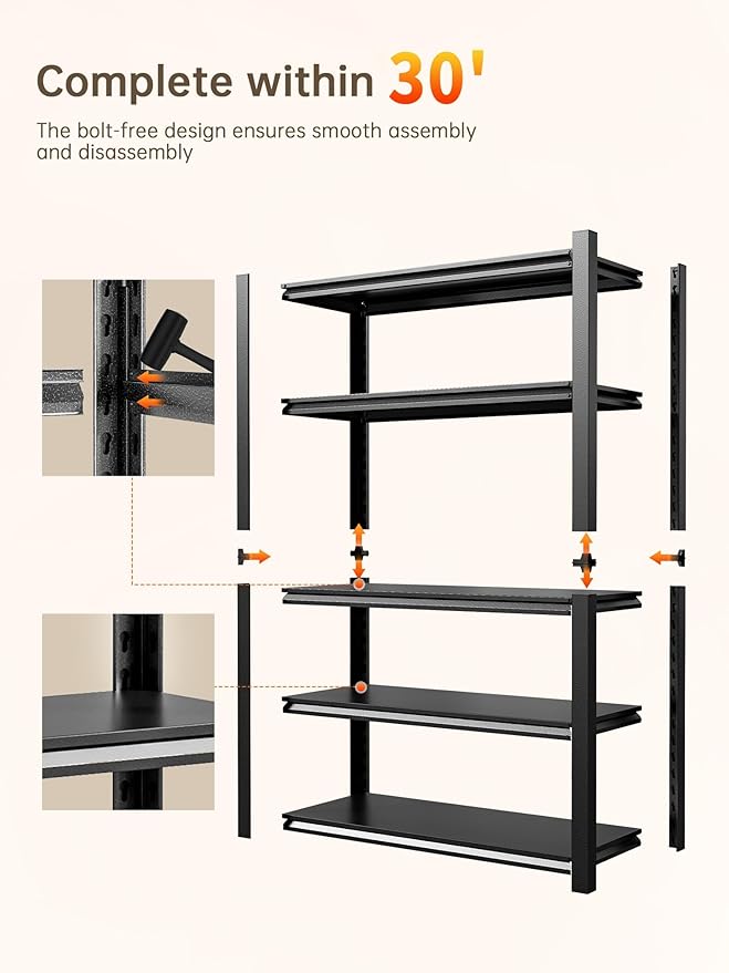 JHYKHG 48" W Storage Shelves,5-Tier Heavy Duty Garage Shelving,Adjustable Shelving Unit,Metal Shelf,Boltless Assembly Rack for Warehouse,Shed,3,000 lb Load,20 x 59 x 72 Inches,Black