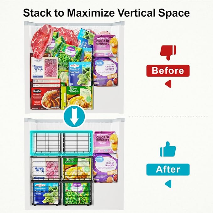 iSPECLE Freezer Organizer - 6 Pack Large Freezer Organizer Bins for 5 to 7 Cu.Ft Chest Freezer, Stackable Easy Access Food No More Digging, Sturdy Metal Wire Basket Not Scratch Bottom, Black