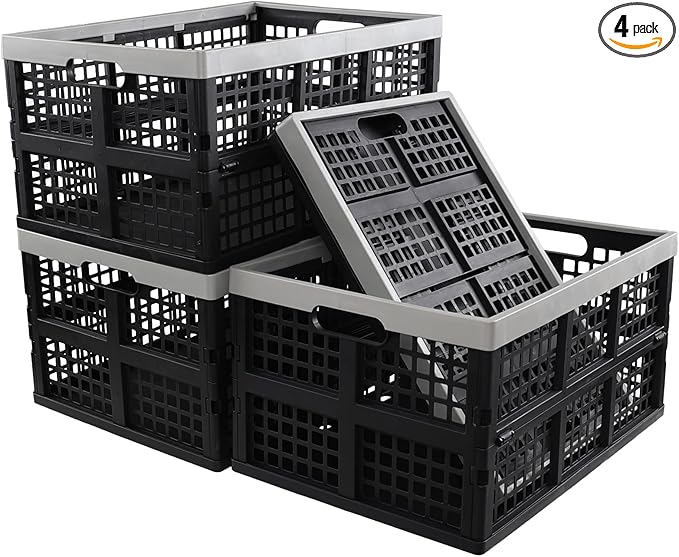 Ggbin 4 Pack Stackable Storage Crates Large, 42 L Plastic Collapsible Crates for Groceries
