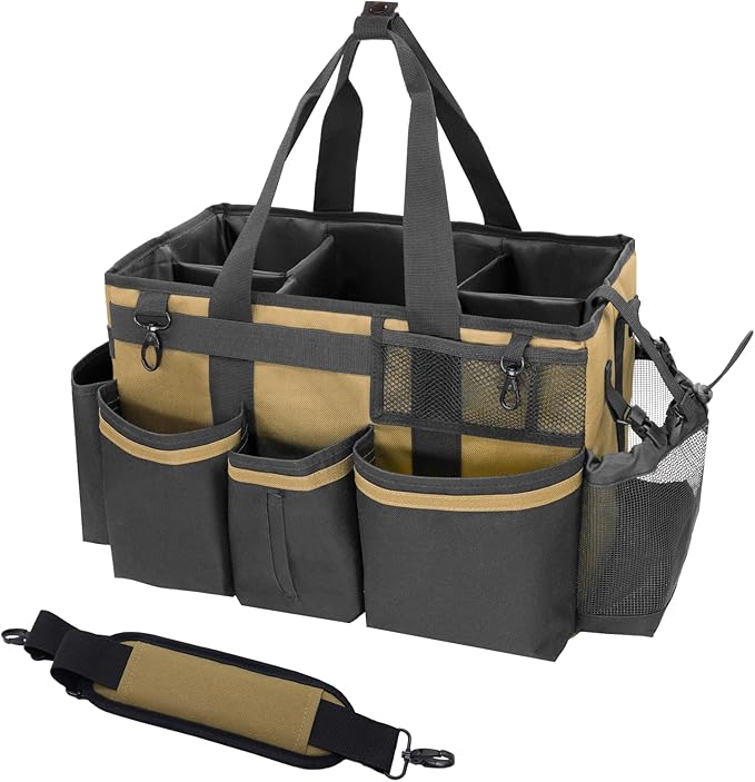Wearable Cleaning Caddy Organizer with Handle & Shoulder Straps for Housekeepers, Under Sink & Car Cleaning Tool Organizer Bag with 4 Foldable Dividers (Tan)