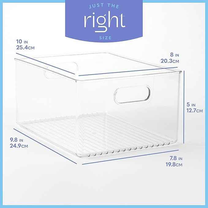 primebox Plastic Food Storage Clear Container Bin with Handles for Organizing Kitchen, Pantry, Refrigerator, Freezer, Pantry, Cabinet, Closet, Bathroom 10”x8”x5”