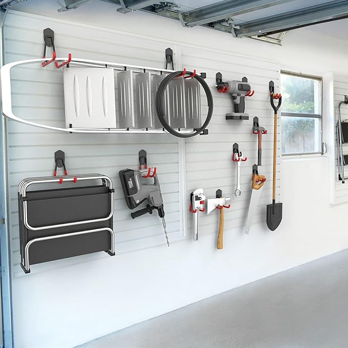 WALMANN 12 PCS Garage Storage System Hooks, Wall Mount Heavy Duty Rubber Coated Utility Hooks for Garden Tools, Ladders, Cords, Folding Chairs, Weed Eaters, Shovels and Rakes