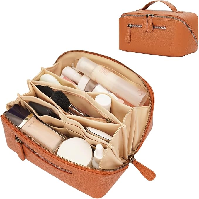 Travel Makeup Bag Large Capacity Cosmetic Bags for Women Waterproof Make up Organizer Toiletry Bag Open Flat Portable with Divider with Handle Pouch (Brown, 3L)