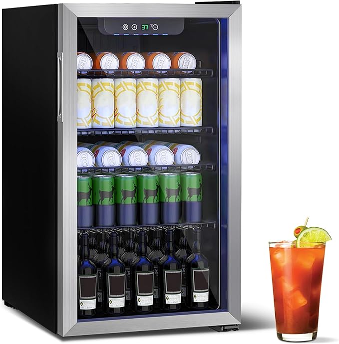 Stopasd Beverage Refrigerator Cooler, 3.2 Cu.Ft/126 Can Drink Fridge with Adjustable Shelves & Glass Door for Soda Wine Beer, Quiet Undercounter Small Fridge for Home/Office/Bar/Garage(37-61 ℉),Sliver