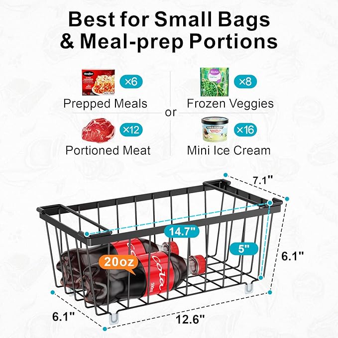 iSPECLE Freezer Storage Bins - 6 Pack Small Stackable Deep Freezer Organizer Bins for Most 7 Cu.FT Chest Freezer Sort Frozen Food, Freezer Basket with Handles Easy to Get Food from Bottom, Black