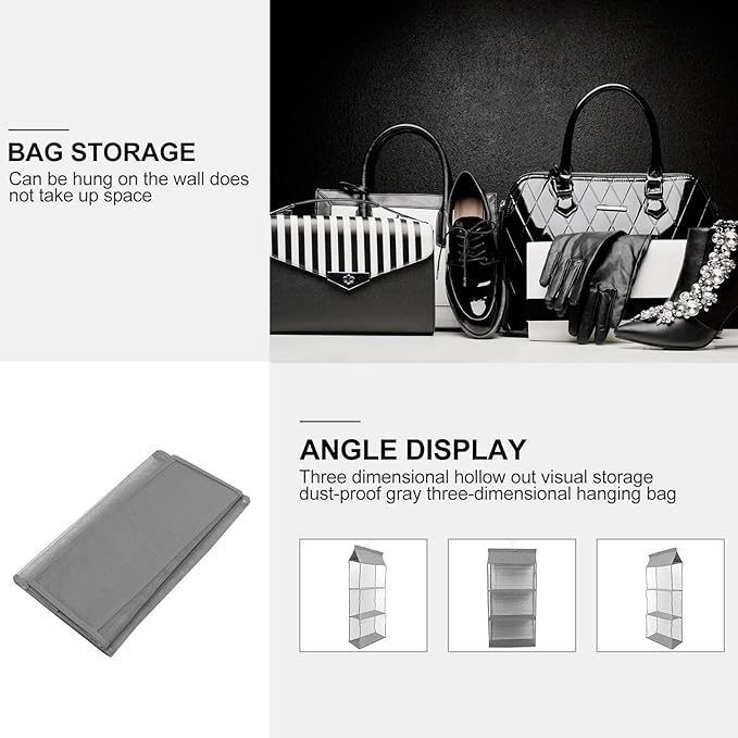 Grey Hanging Storage Organizer Bag Dustproof Mesh Compartments for Closet Wardrobe Bedroom Living Practical Hanging Storage Bag for Handbags Shoes Sweaters and Household Items