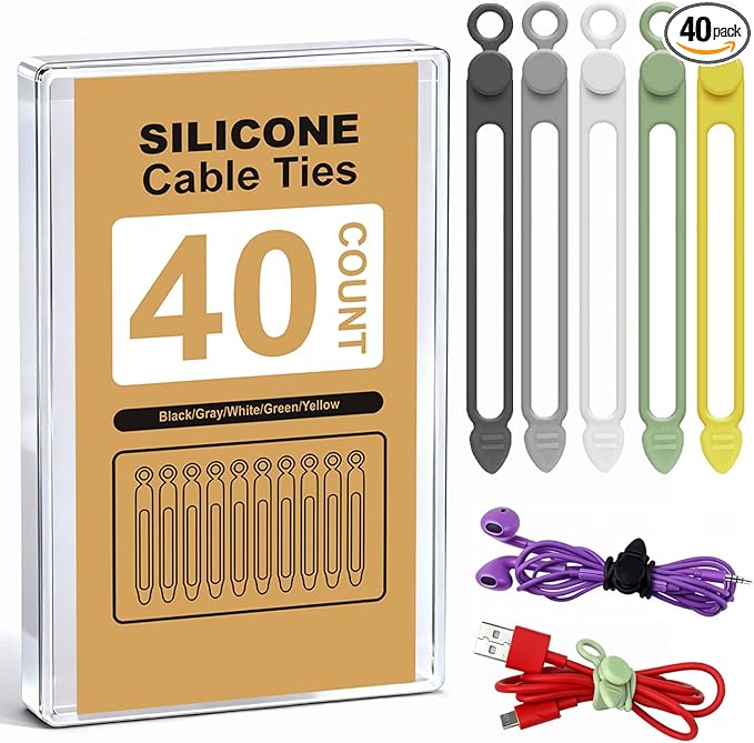 40Pcs Silicone Cable Ties with Box, Reusable Cord Organizer Rope, Elastic Cord Ties for Electronics, Essentials Straps Wires for Fastening Home Office Kitchen Travel Appliances