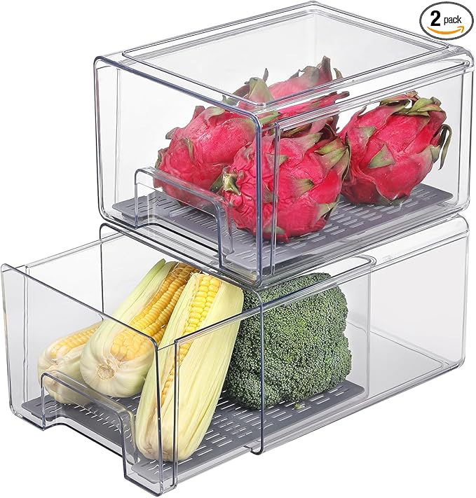 Plastic Clear Fridge Storage Organizer with Drawers & Drainer - Stackable Bins for Kitchen Fruit & Veggie Organization (2PCS, Large)