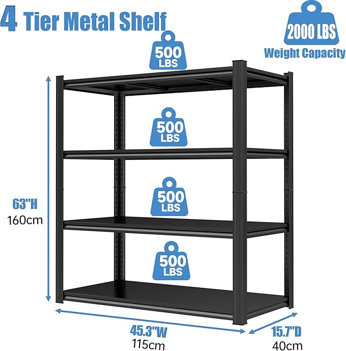 Garage Storage Shelves,5 Tier Shelving Unit, 40 inch Wide, 18” Deep, 78” Tall Organizer Metal Shelf for Basement/Laundry/Pantry Heavy Duty, Adjustable,Easy to Install (4Tier-45"WX16"DX63"H)