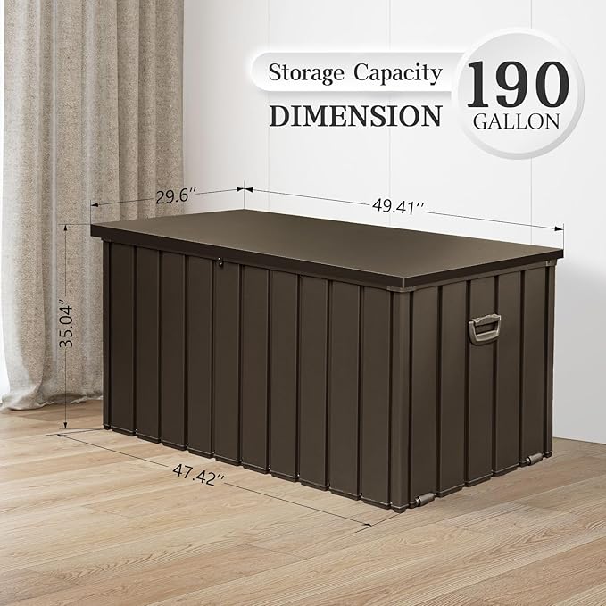 Domi 190 Gallon Metal Deck Box Waterproof, Outdoor Storage Box with Lock Wheels Side Handles, Outside Storage Box for Patio Cushions, Shoes & Pool Tools