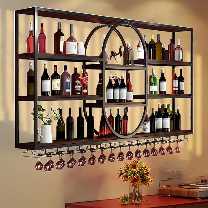 55.1INLarge Wall Mount Wine Rack, Metal 4 Tier Hanging Bottle Holder with Wine Glass Storage Racks, Modern Floating Wine Shelves for Home Bar Dining Room Decoration (Black)