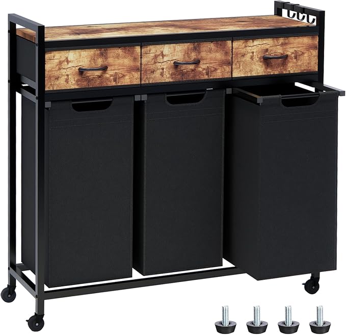 Laundry Hamper, Laundry Sorter 3 Section, Rolling Laundry Basket with Wheels, 3 Drawers, 3 × 14.5 Gal (55 L), Pull-Out and Removable Oxford Fabric Bags, Black and Rustic Brown