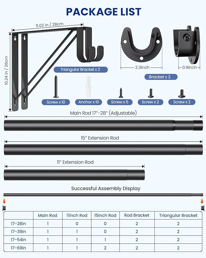 Closet Rods for Hanging Clothes with Triangular Brackets, 17 to 69 Inches Stepless Adjustable Closet Rod, 1.3 Inch Heavy Duty Closet Rod for Closet Wardrobe Laundry RV (Without Board/Black)