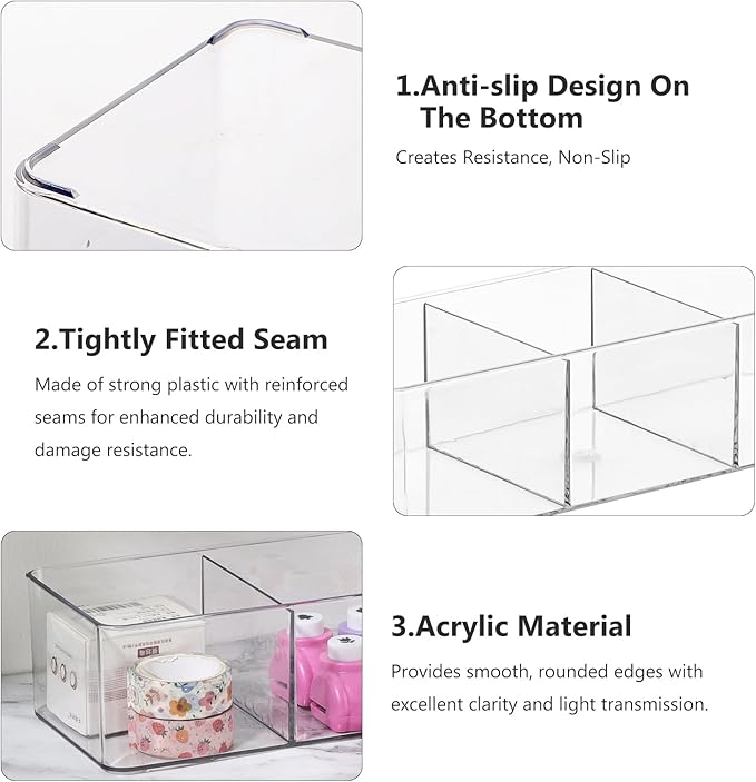 Acrylic Makeup Brush Organizers,3 Pack 3 Section 3 Compartments Transparent Plastic Lipstick Holder Clear 9.13x3.54x2.36 Inches Storage Square Cube for Bathroom Jewelry Accessories
