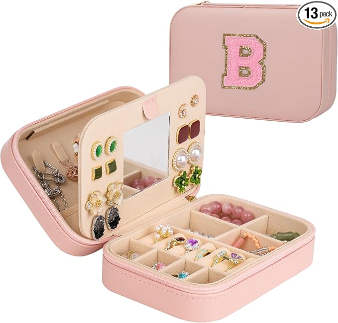 TopPerfekt Travel Jewelry Case, Jewelry Box with Mirror, Jewelry Organizer Bridal Shower Gifts to Her, Earring Storage Travel Case, Trendy Gift for Women and Girls, Girlfriend-Letter B, Pink