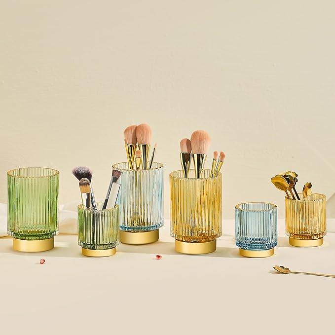 Makeup Brush Holder Organizer,Toothbrush Holders,Desk Pen Pencil Holder,Multifunctional Vintage Glass Brush Cup（S+L/Green/A3-1-US）