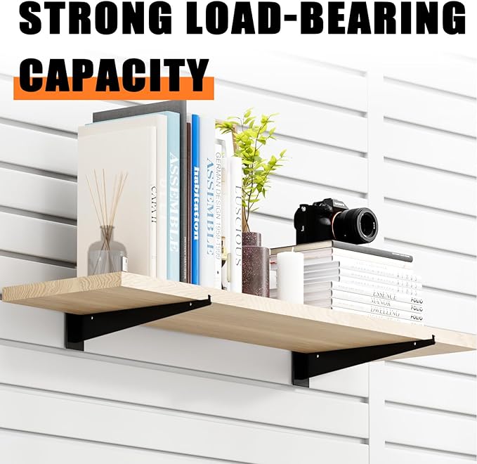 10" Black Slat Wall Shelf Brackets,10 PCS Slat Wall Brackets with Lip, Floating Metal Slat Wall Accessories