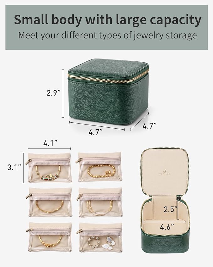 Vlando Gifts for Teachers,Travel Jewelry Box with 6 Velvet Jewelry Zipper Pockets Jewelry Case Premium Petal Hardware Travel Jewelry Organizer Graduation Gifts (Green)