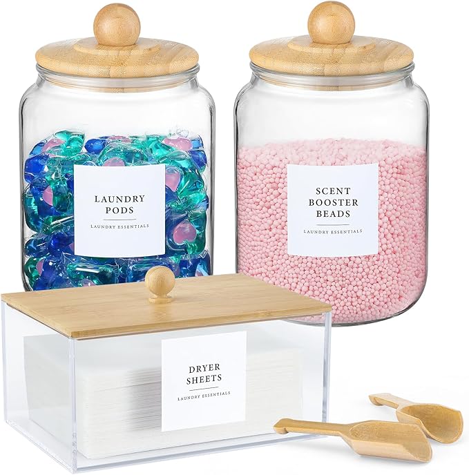 Glass Jars and Dryer Sheet Holder with Bamboo Lids, Dispenser Set and Labels, Containers for Laundry Room Organization and Storage, Half Gallon Airtight jars, Acrylic Storage Box for Laundry supplies
