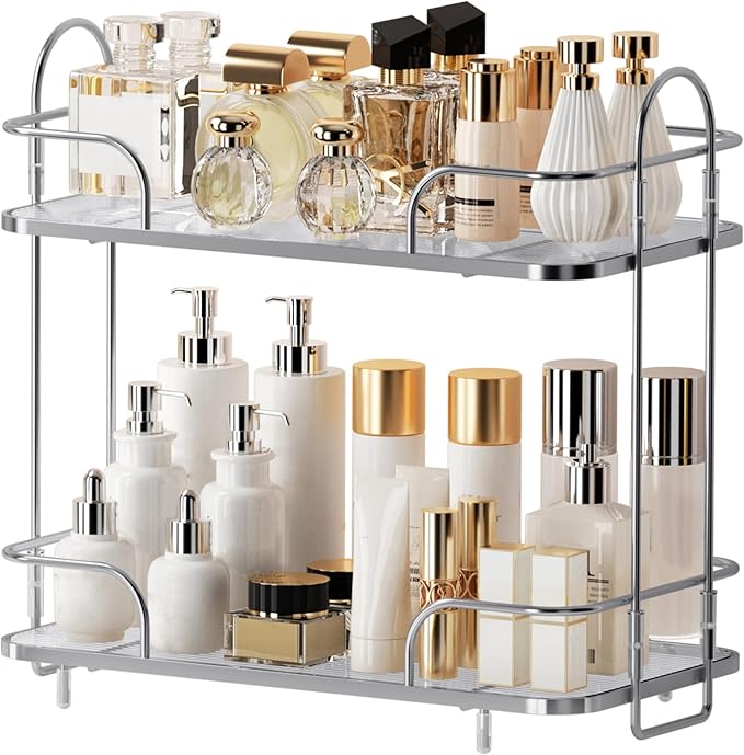 Seoneiro 2 Tier Corner Bathroom Counter Organizer, Cosmetic Skincare ，Bathroom Countertop Perfume Tray Vanity, Kitchen Spice Corner Storage Shelf