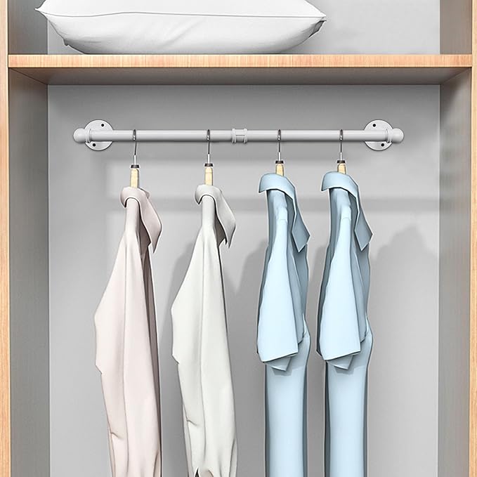 Industrial Iron Pipe Clothes Hanging Bar DIY Wall-Mounted Garment Rack Heavy Duty Clothing Rack for Bedroom, Laundry Room, Closet Storage (White 28 inch)