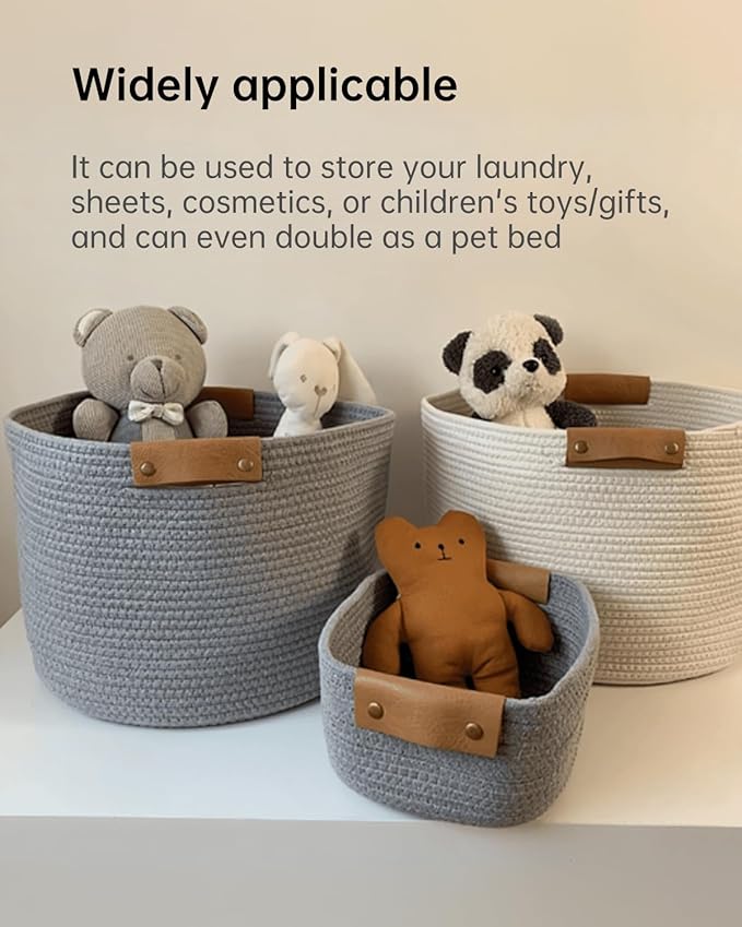 Medium Cotton Woven Basket with PU Leather Handle, Baby Kids Clothes Toys Candy Gifts Cotton Rope Organizer, Living Room Bathroom Shower Storage Laundry Basket, Dog Cat Bed, Cute Decor, Coffee